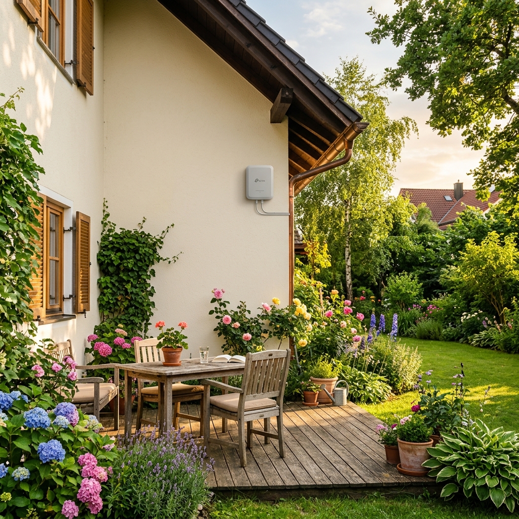 TP-Link Omada EAP610-Outdoor an der Hauswand im Garten